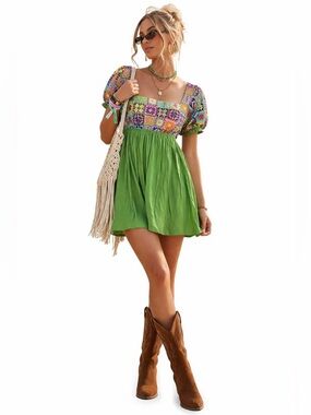 Lime Green Crochet Print Puff‎ Sleeve Open Back Mini Dress SP248WD0 Womens M 6-8